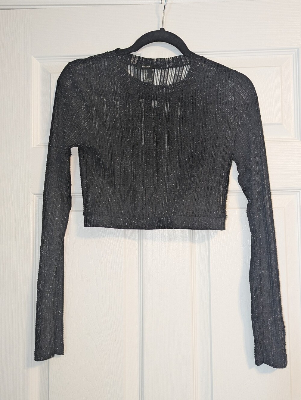 Forever 21 Black Sheer Long-Sleeve Cropped Top with Subtle Shimmer